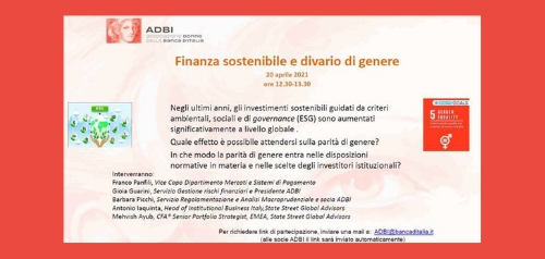 SAVE THE DATE: Incontro ADBI su finanza sostenibile e divario di genere martedì 20 aprile ore 12.30