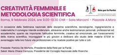 Convegno “Creatività femminile e metodologia scientifica” - Venerdì 9 febbraio 2024, ore 9.00 – 13.30 -Roma, CNR, Sala Marconi, Piazzale Aldo Moro n. 7